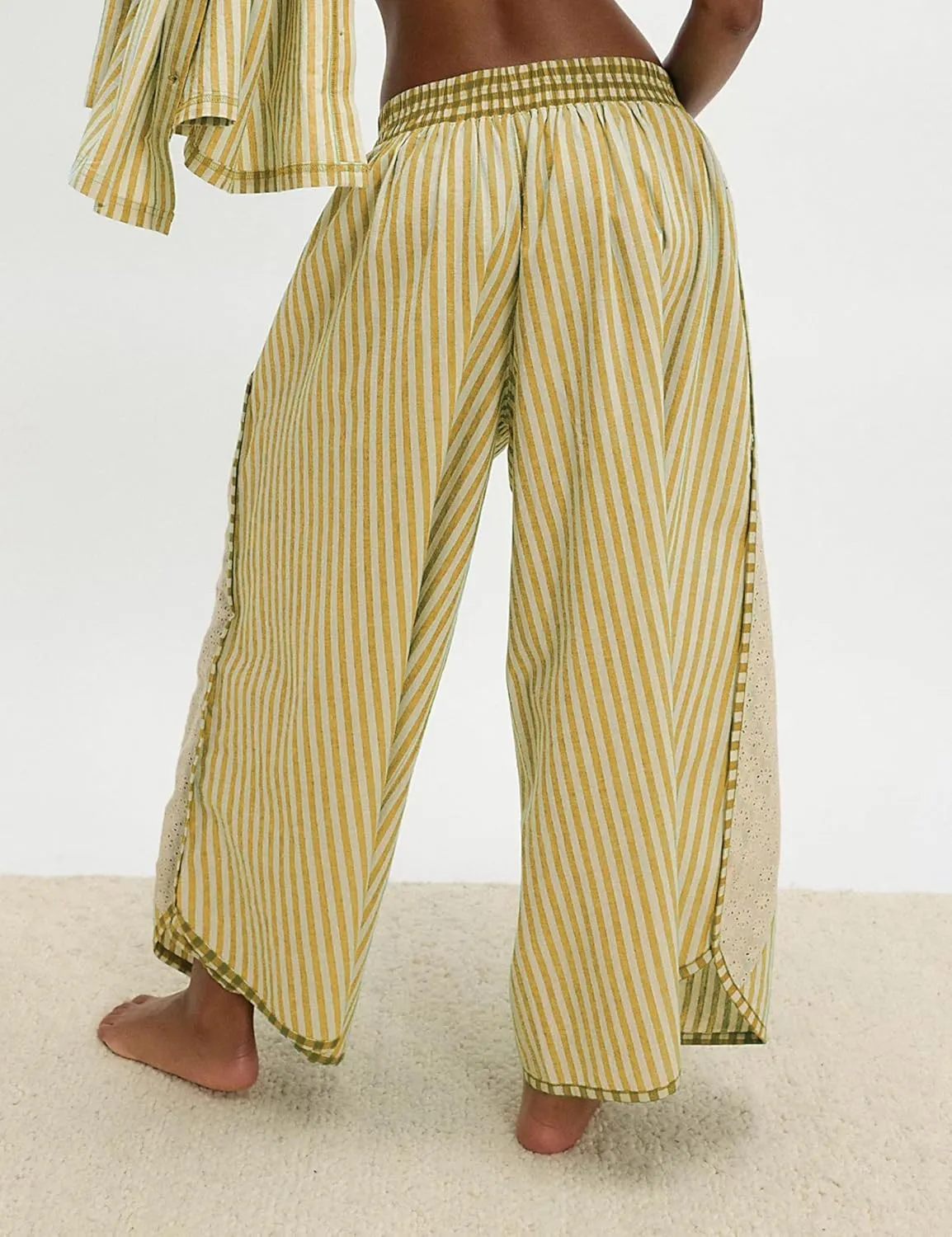 Athlisan Womens Summer Casual Loose Striped Wide Leg Lounge Pants Elastic Waist Palazzo Trousers