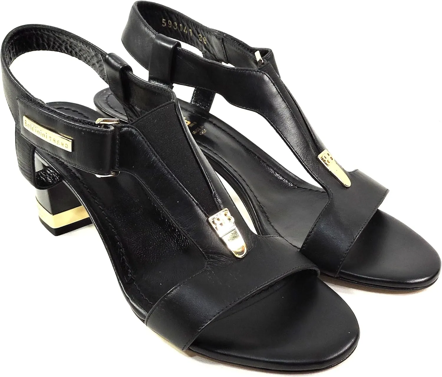 Baldinini Women's Black Leather T-Strap Sandals, Gold-Accented Block Heel, Made in Italy