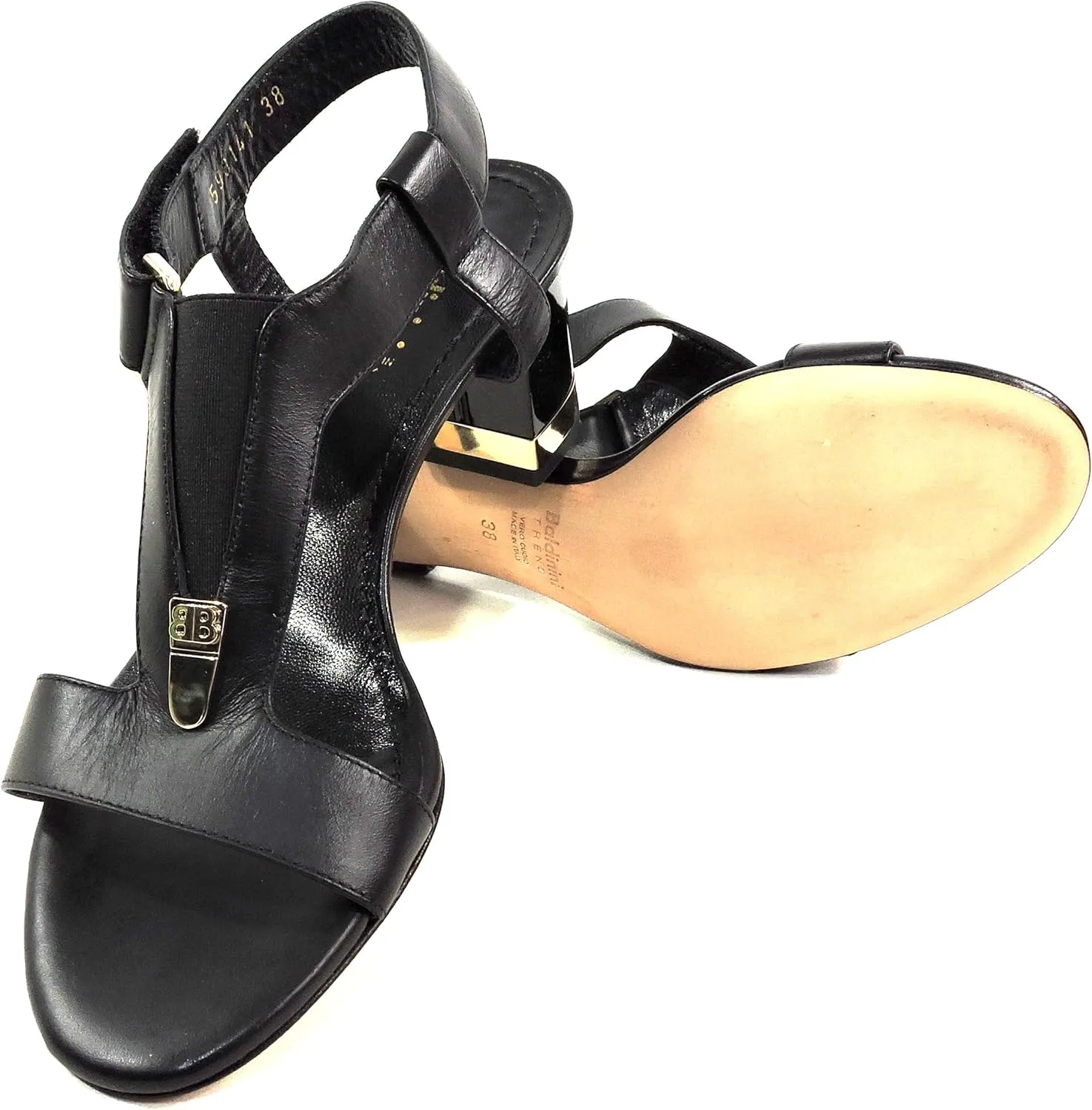 Baldinini Women's Black Leather T-Strap Sandals, Gold-Accented Block Heel, Made in Italy