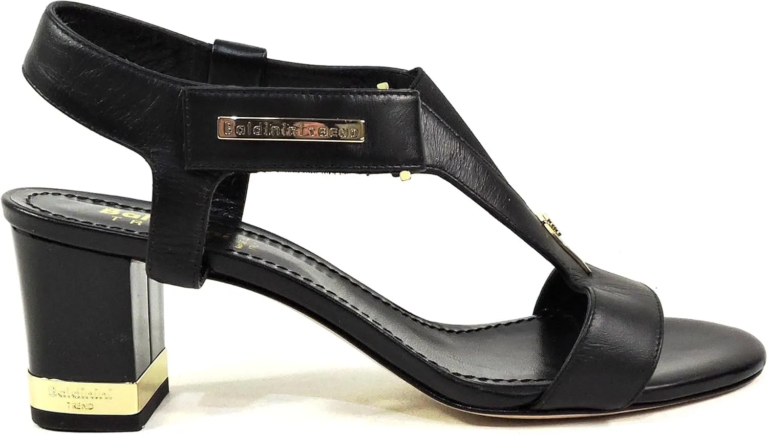Baldinini Women's Black Leather T-Strap Sandals, Gold-Accented Block Heel, Made in Italy