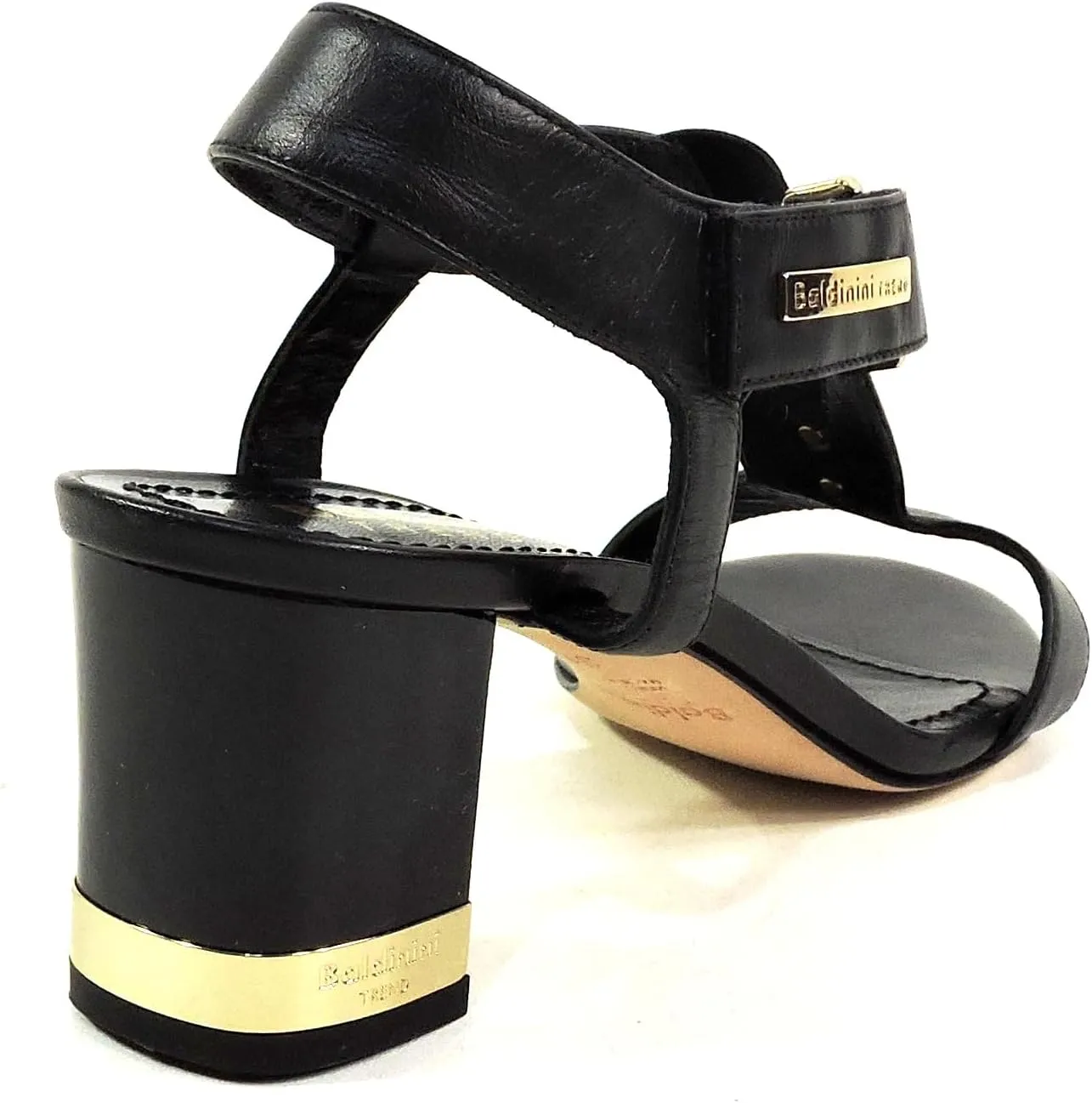 Baldinini Women's Black Leather T-Strap Sandals, Gold-Accented Block Heel, Made in Italy