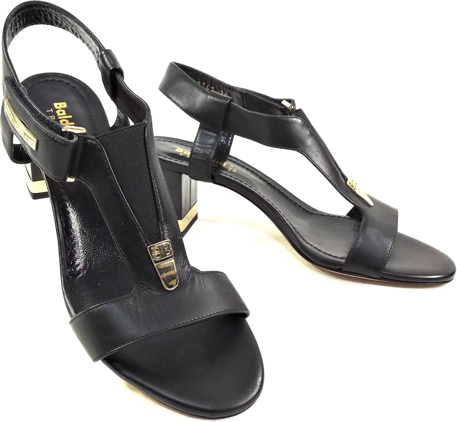 Baldinini Women's Black Leather T-Strap Sandals, Gold-Accented Block Heel, Made in Italy