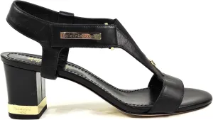 Baldinini Women's Black Leather T-Strap Sandals, Gold-Accented Block Heel, Made in Italy