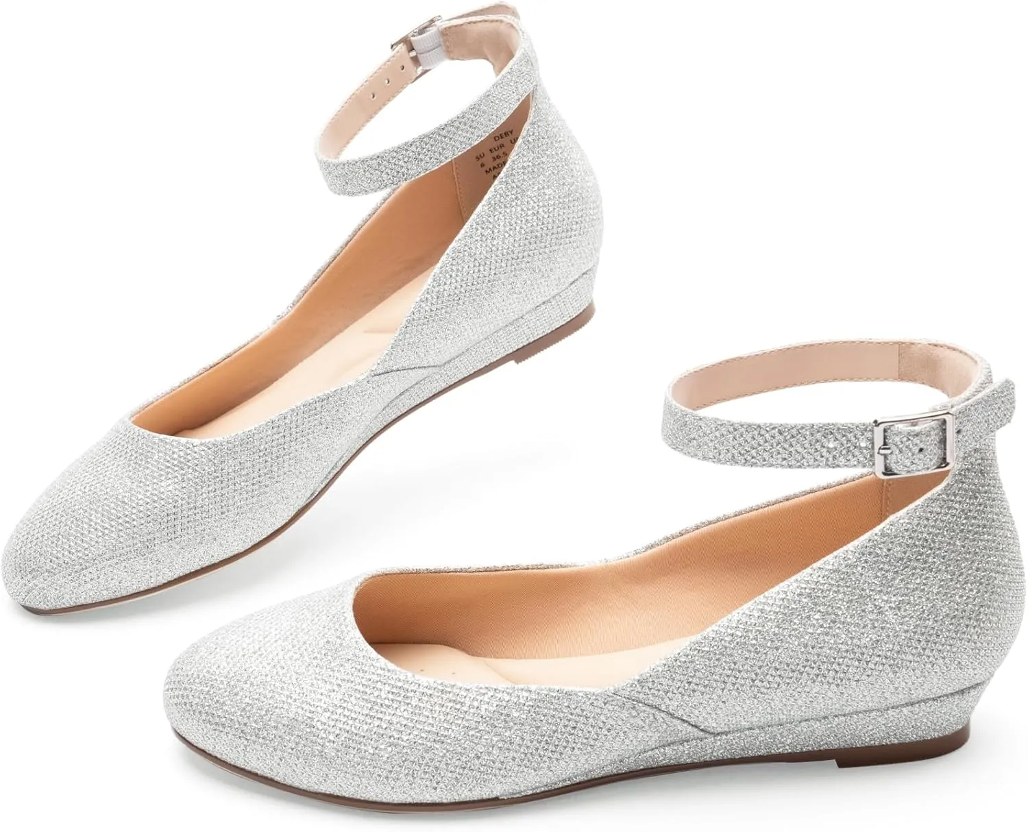 Ballet Flat Shoes for Women with Ankle Strap Low Wedge Heel, Cute Flats for Women, Comfortable Casual Dress Shoes