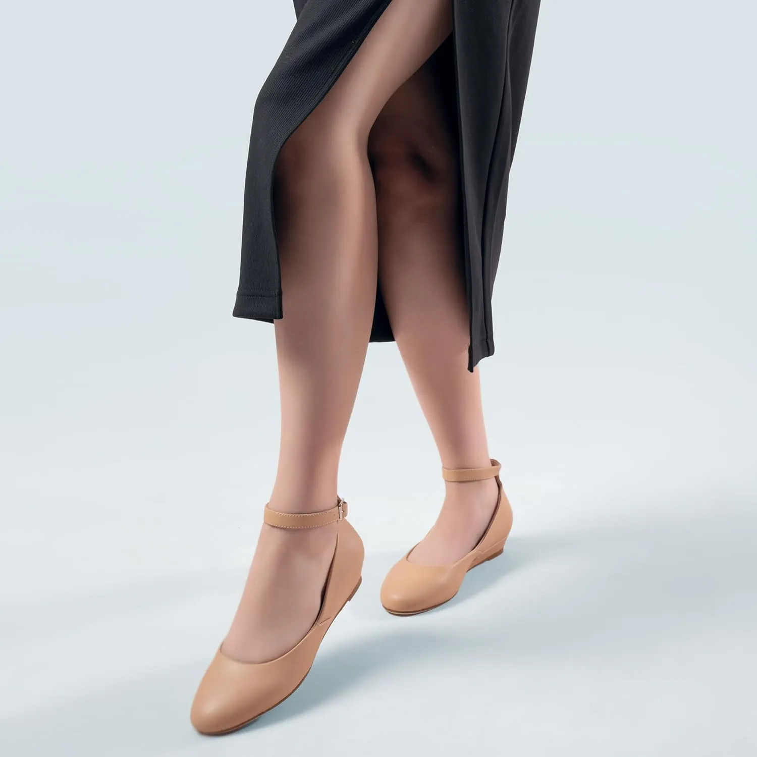 Ballet Flat Shoes for Women with Ankle Strap Low Wedge Heel, Cute Flats for Women, Comfortable Casual Dress Shoes