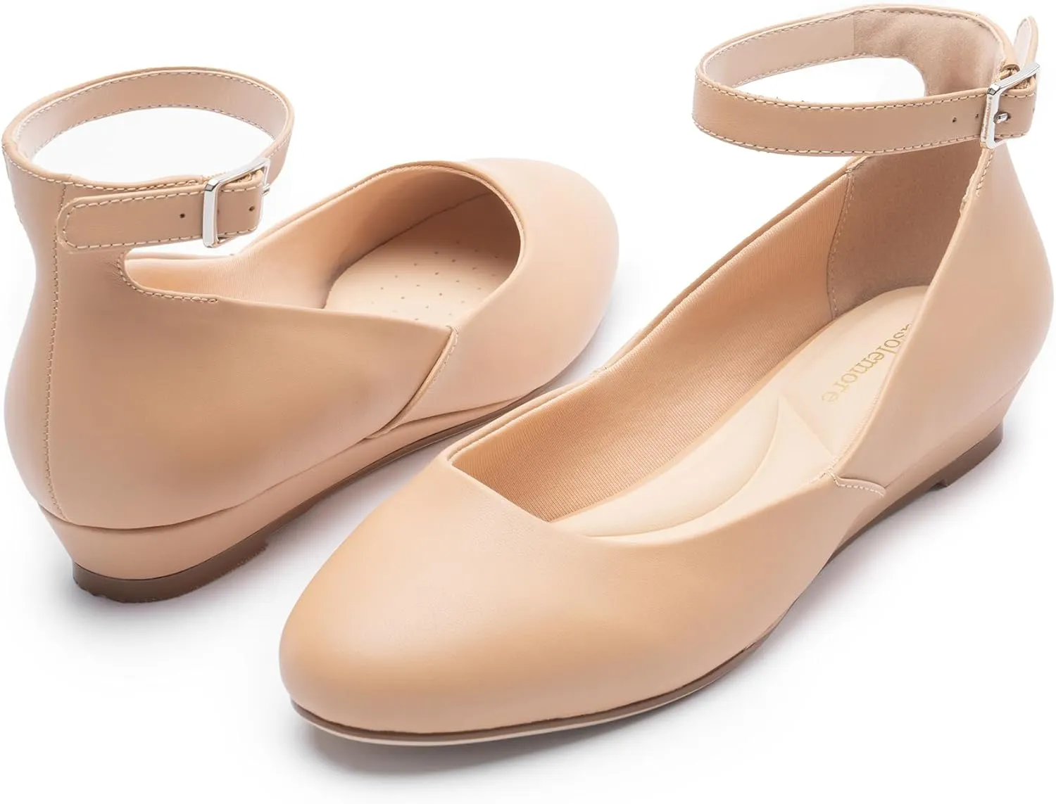 Ballet Flat Shoes for Women with Ankle Strap Low Wedge Heel, Cute Flats for Women, Comfortable Casual Dress Shoes