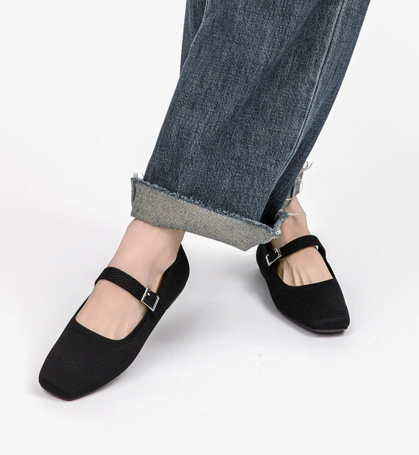 Ballet Flats for Women, Square Toe Mary Jane Shoes Comfortable Dressy Flats Adjustable Straps Washable Knit Casual Office Shoes with Arch Support Latex Insole