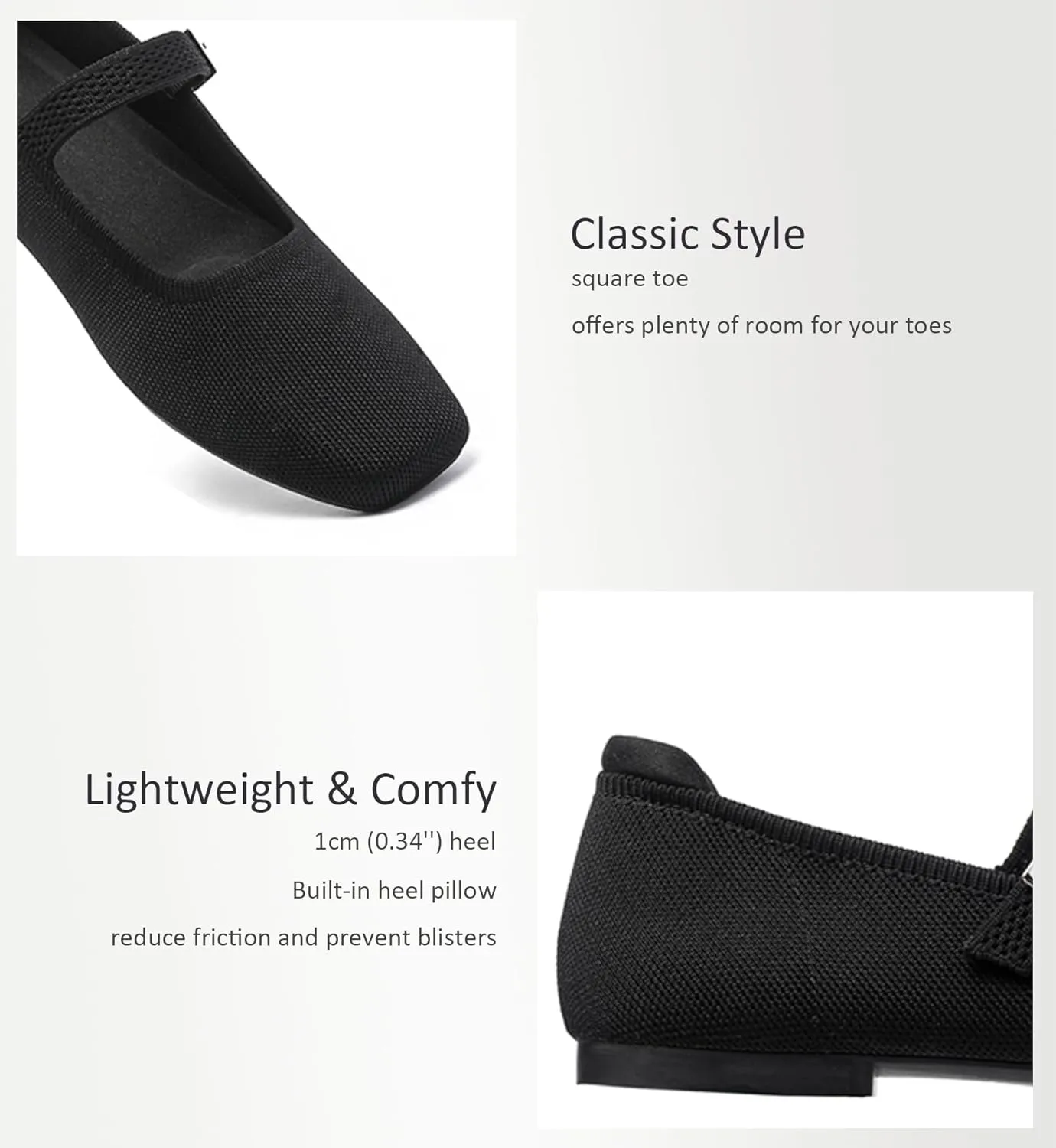 Ballet Flats for Women, Square Toe Mary Jane Shoes Comfortable Dressy Flats Adjustable Straps Washable Knit Casual Office Shoes with Arch Support Latex Insole