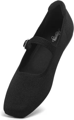 Ballet Flats for Women, Square Toe Mary Jane Shoes Comfortable Dressy Flats Adjustable Straps Washable Knit Casual Office Shoes with Arch Support Latex Insole
