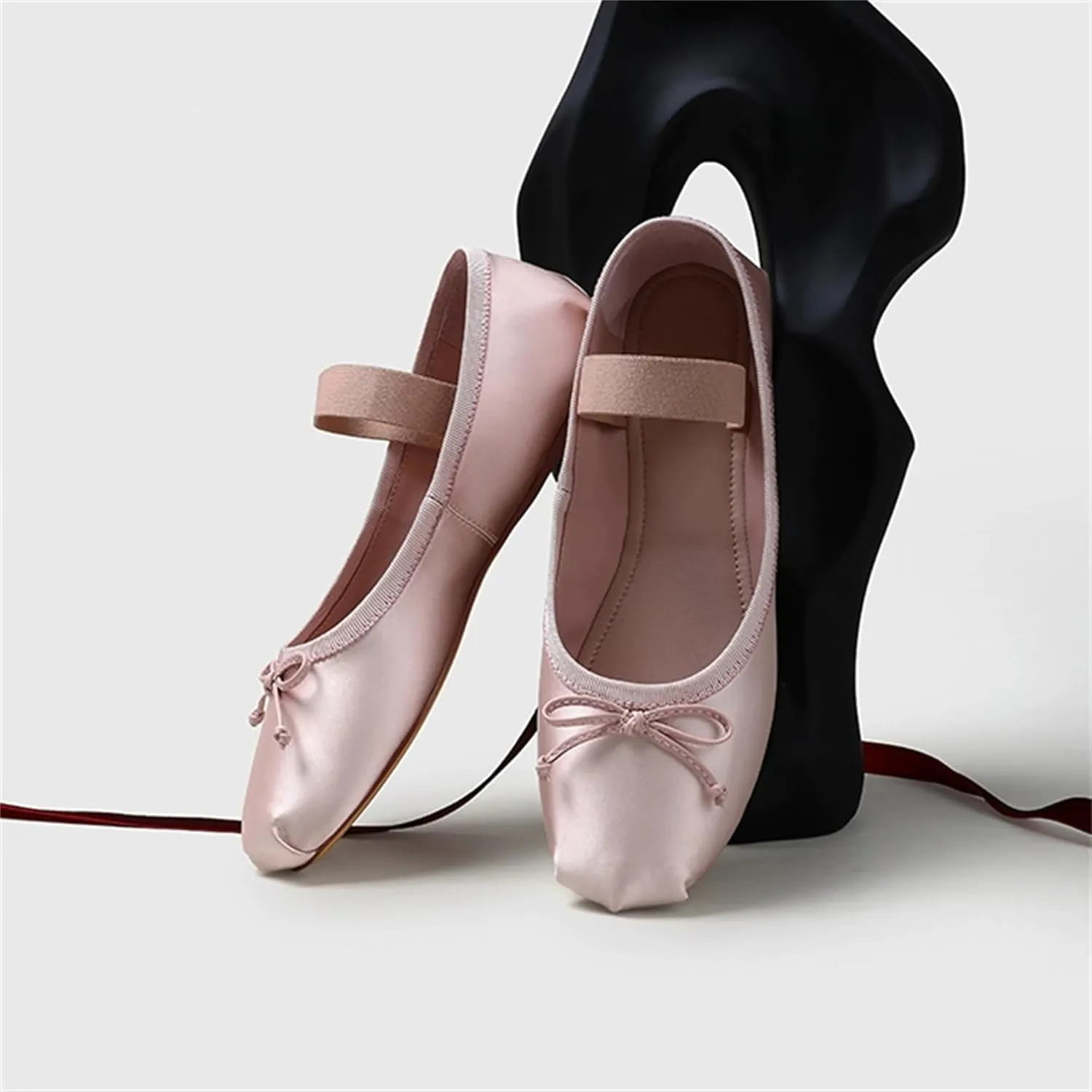 Ballet Flats Shoes for Women Ballerina Satin Flats Ladies Bow Casual Mary Jane Elastic Strap Flats