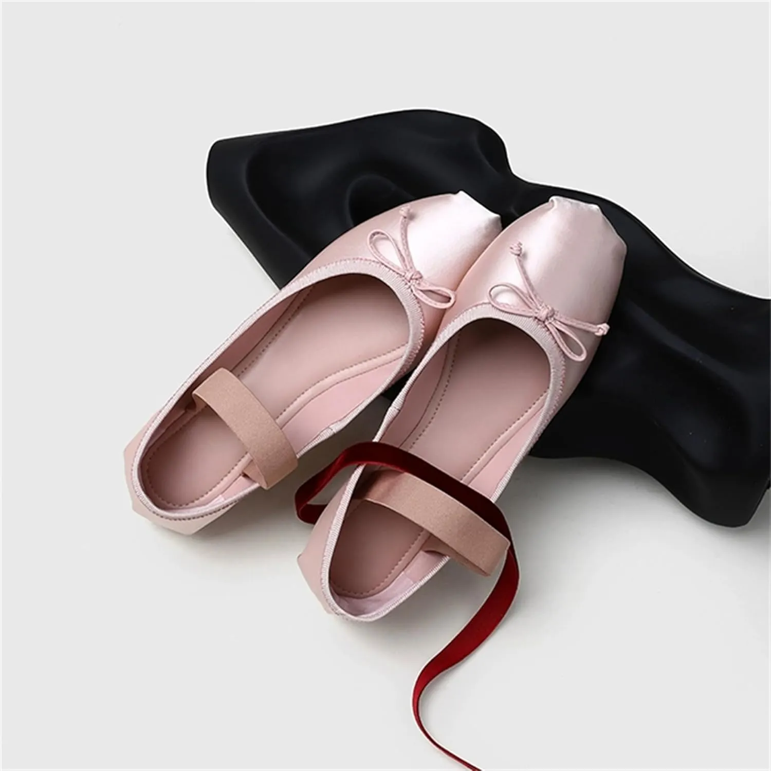Ballet Flats Shoes for Women Ballerina Satin Flats Ladies Bow Casual Mary Jane Elastic Strap Flats