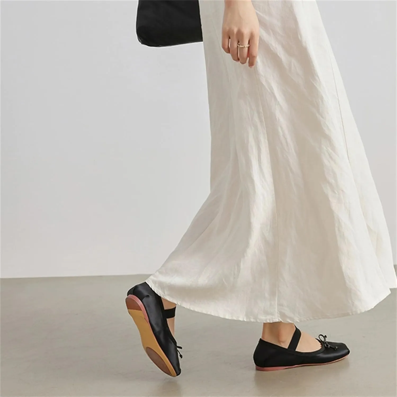 Ballet Flats Shoes for Women Ballerina Satin Flats Ladies Bow Casual Mary Jane Elastic Strap Flats