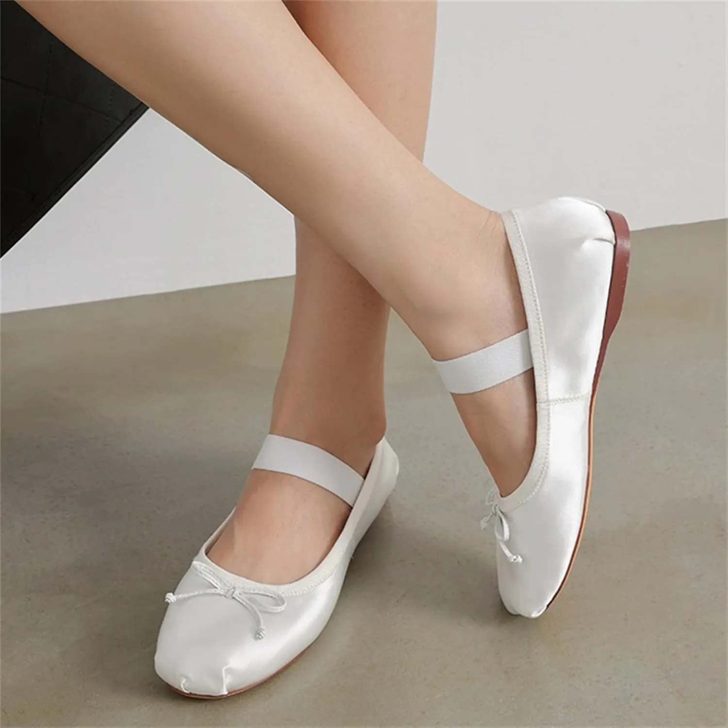 Ballet Flats Shoes for Women Ballerina Satin Flats Ladies Bow Casual Mary Jane Elastic Strap Flats