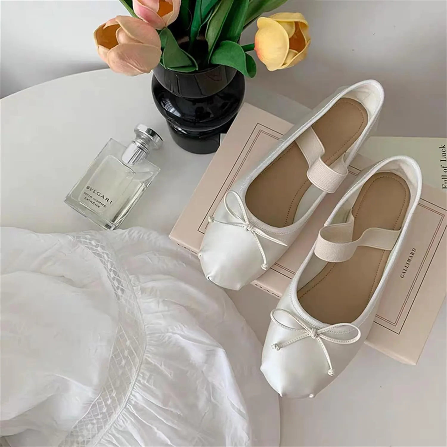 Ballet Flats Shoes for Women Ballerina Satin Flats Ladies Bow Casual Mary Jane Elastic Strap Flats