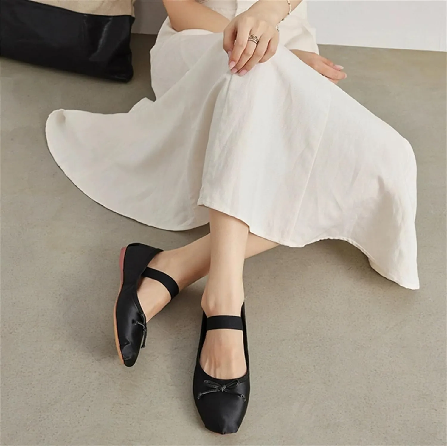 Ballet Flats Shoes for Women Ballerina Satin Flats Ladies Bow Casual Mary Jane Elastic Strap Flats