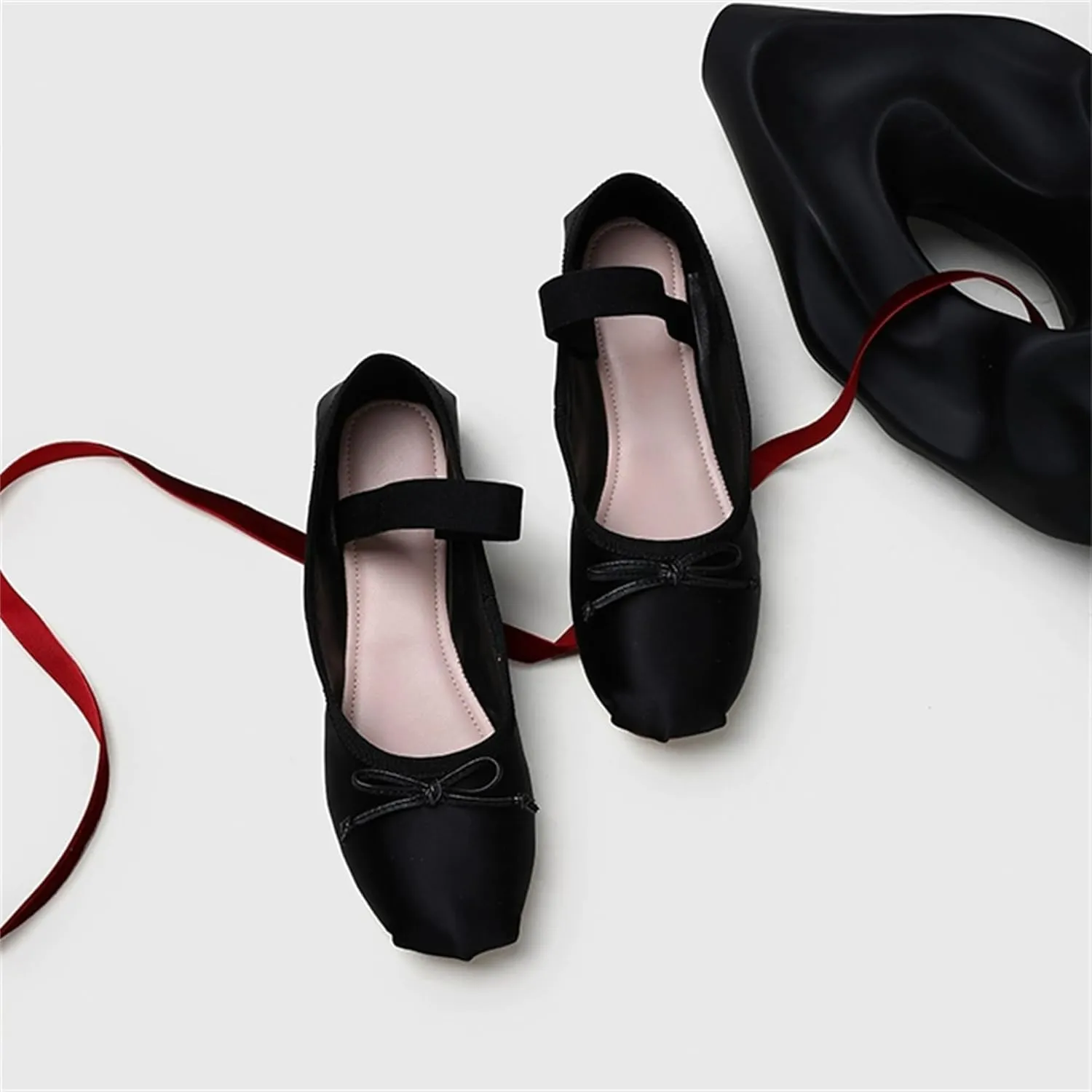 Ballet Flats Shoes for Women Ballerina Satin Flats Ladies Bow Casual Mary Jane Elastic Strap Flats