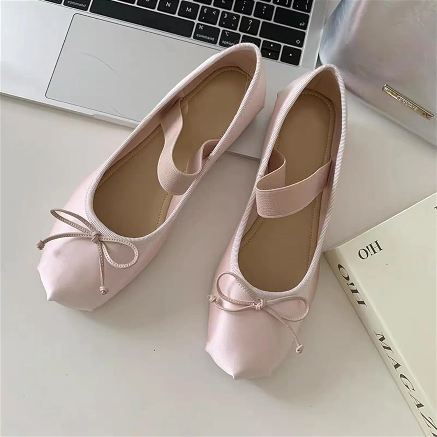 Ballet Flats Shoes for Women Ballerina Satin Flats Ladies Bow Casual Mary Jane Elastic Strap Flats