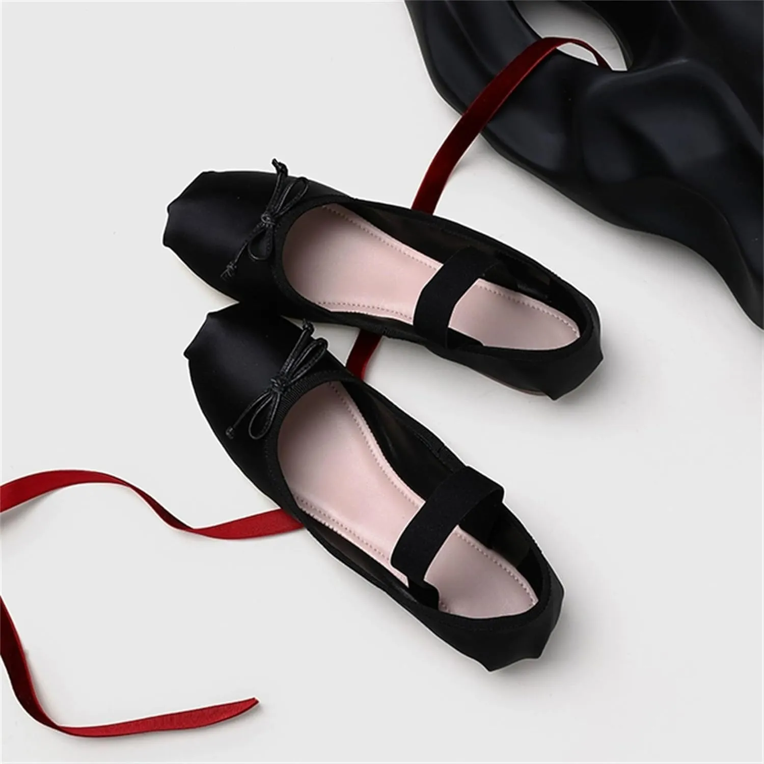 Ballet Flats Shoes for Women Ballerina Satin Flats Ladies Bow Casual Mary Jane Elastic Strap Flats
