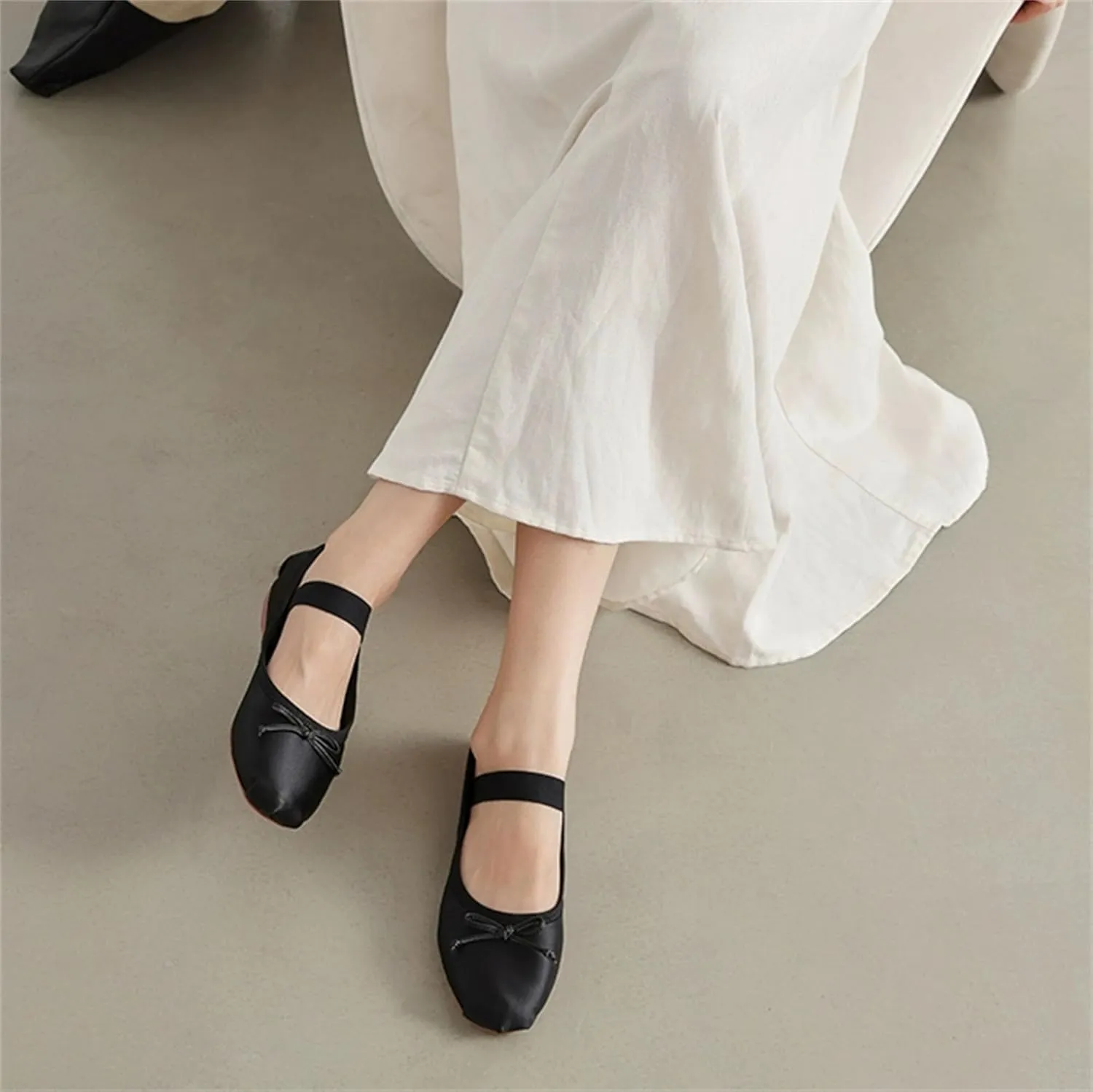 Ballet Flats Shoes for Women Ballerina Satin Flats Ladies Bow Casual Mary Jane Elastic Strap Flats