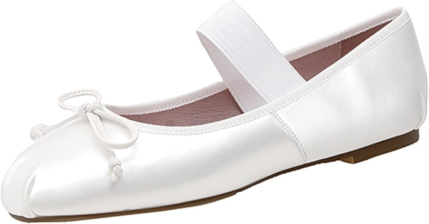 Ballet Flats Shoes for Women Ballerina Satin Flats Ladies Bow Casual Mary Jane Elastic Strap Flats