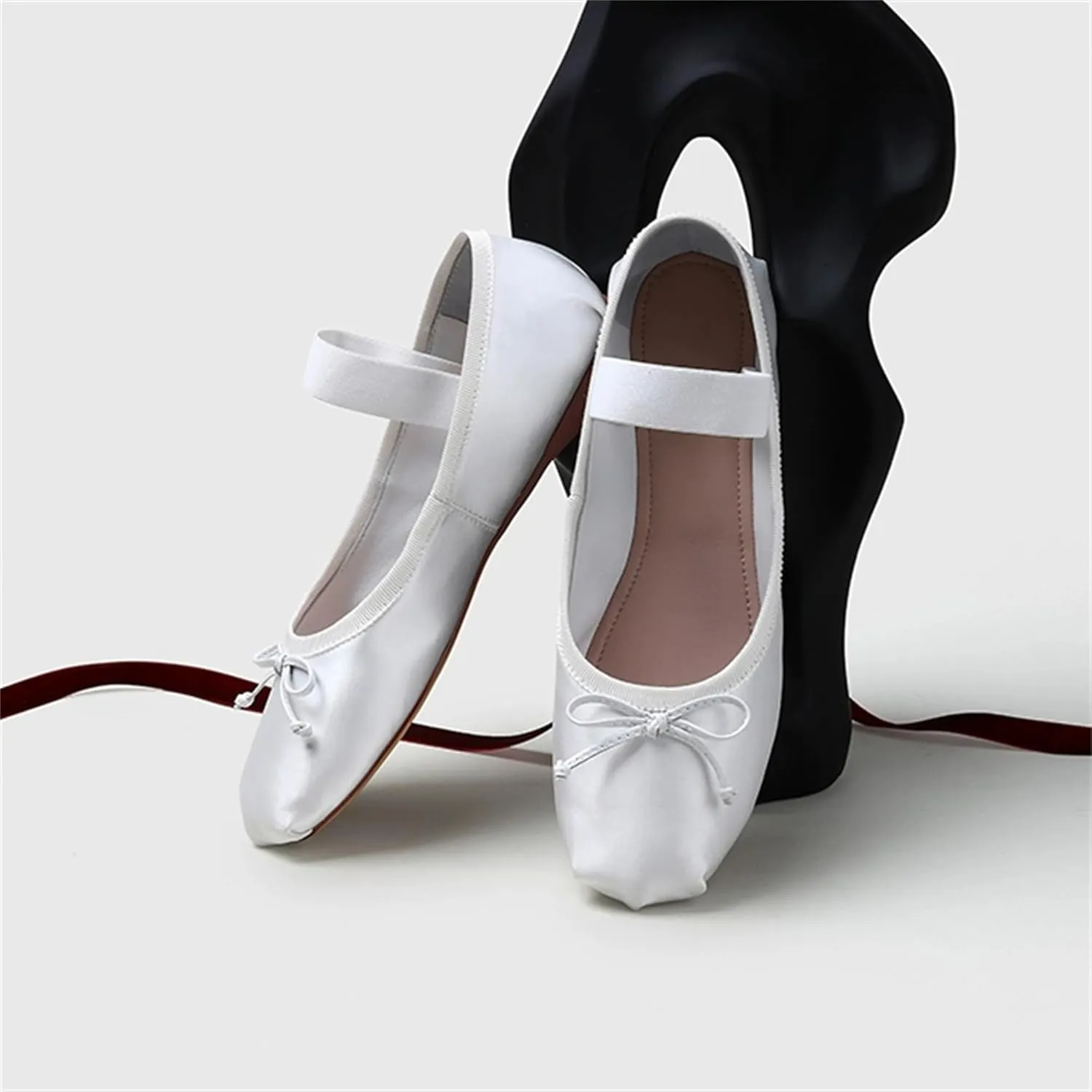 Ballet Flats Shoes for Women Ballerina Satin Flats Ladies Bow Casual Mary Jane Elastic Strap Flats