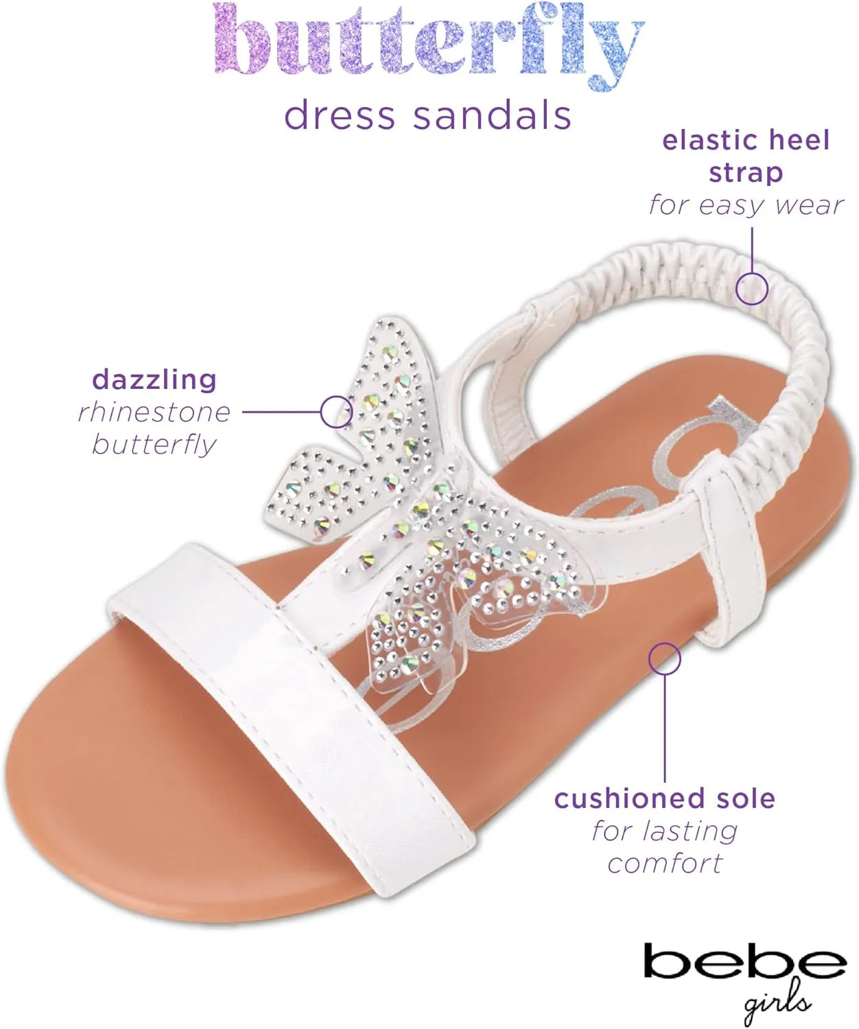 bebe Girls' Sandals - Lightweight Open Toe Little Girl Dress Shoes Flat Sandals with Butterfly Accent for Easter Summer