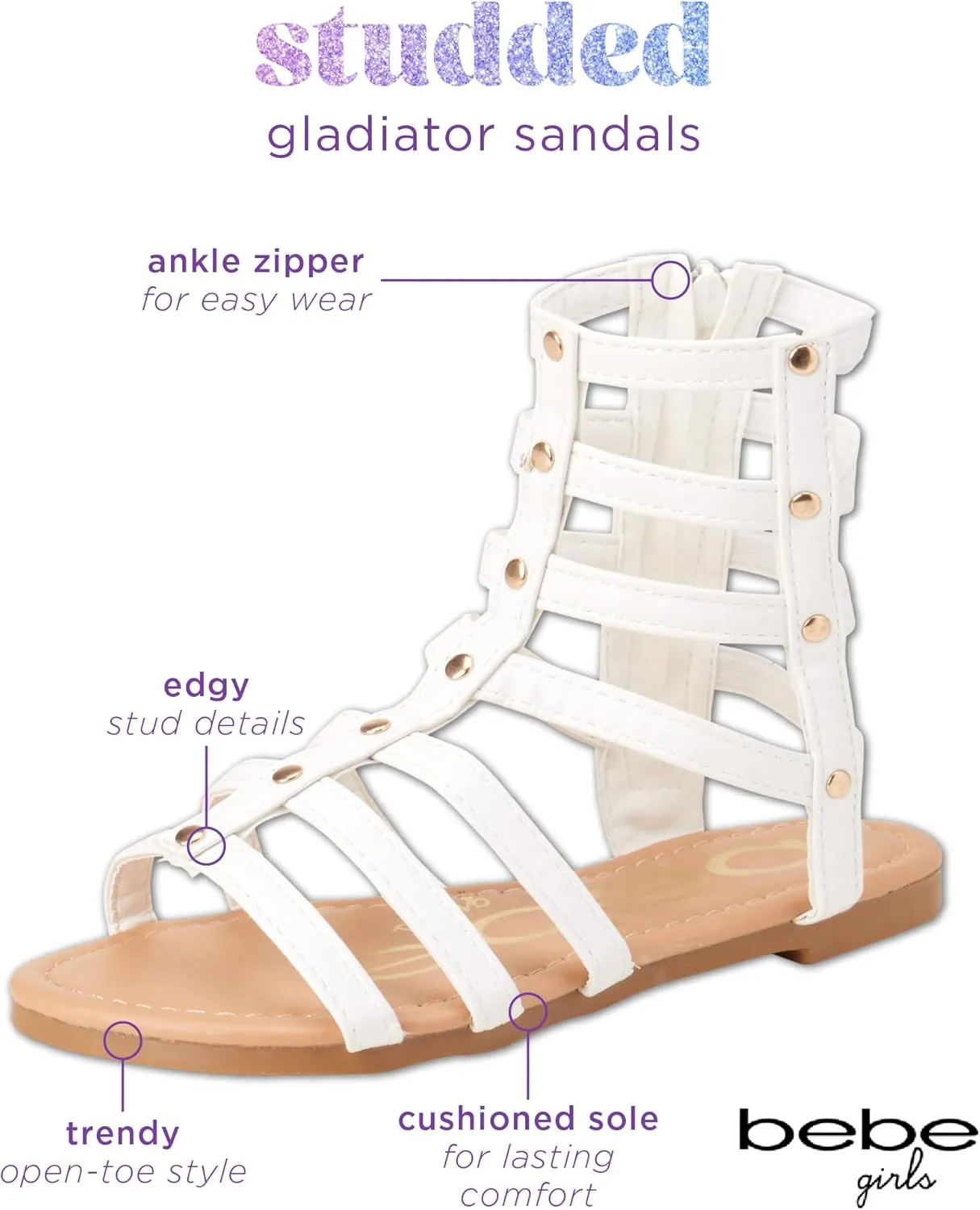 bebe Girls' Sandals - Open Toe Lightweight Summer Strappy Flat Gladiator Sandals with Ankle Zipper and Cushioned Sole
