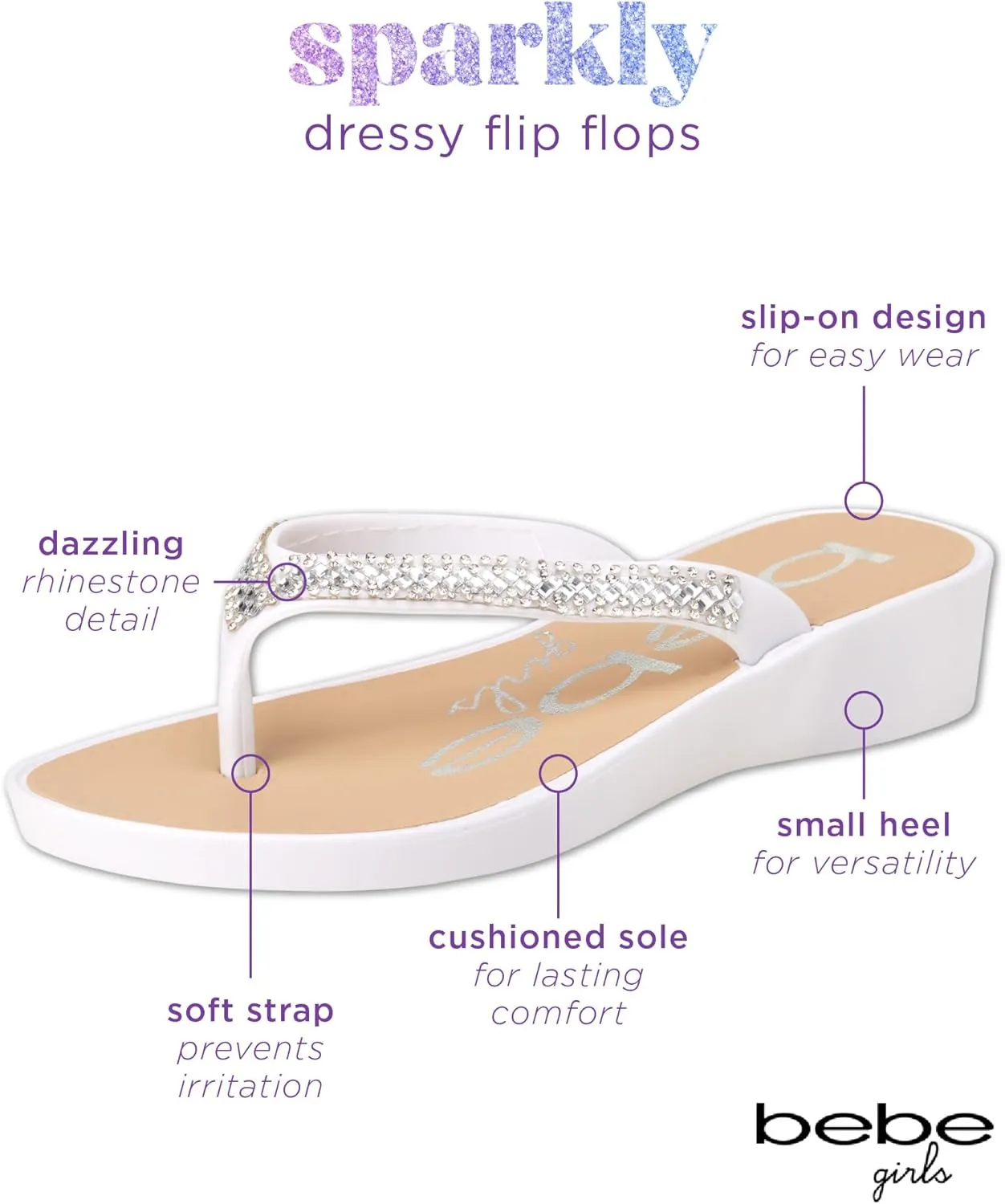bebe Girls' Sandals - Open Toe Slip On Summer Holiday Rhinestone Thong Flip Flops with Soft Strap and Cushioned Sole