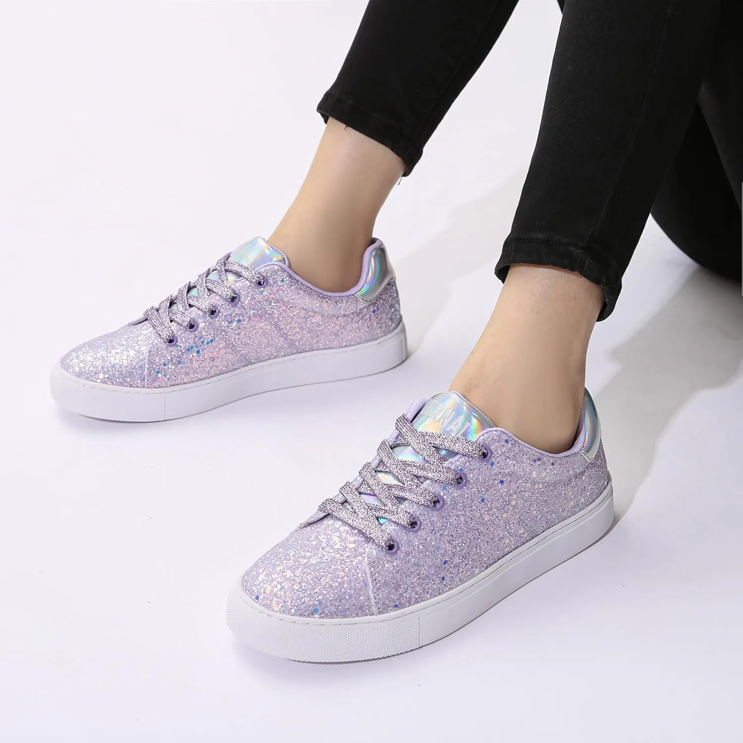 Bernal Women Glitter Sneakers Fashion Shiny Sparkle Sneakers Lightweight Rubber Outsole Non Slip Lace Up Walking Shoes