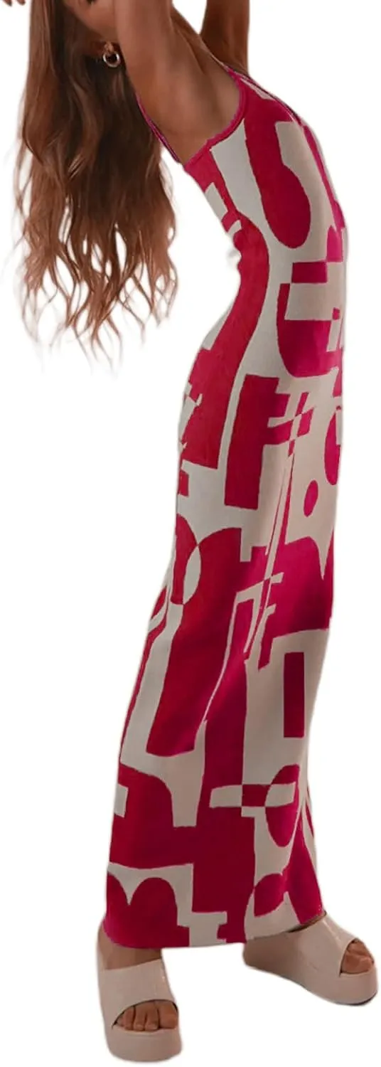 Bodycon Dresses for Women Summer Knit Hollow Out Sexy Night Out Midi Maxi Dress Sleeveless Long Cut Out Dress