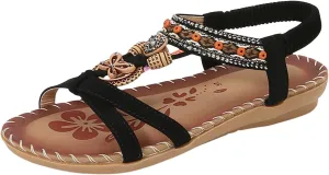 Boho Rhinestones Sandals for Women 2025 Sparkly Cute Dressy Flat Sandal with Elastic Floral Strap Shoes Ladies Low Heel Comfortable Cushion Footed Walking Shoe for Wedding Bridal Evening Cocktail