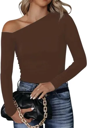 BONITEE Women's Sexy One Off The Shoulder Tops Asymmetrical Neck Clothes Long Sleeve Shirt Slim Going Out Top