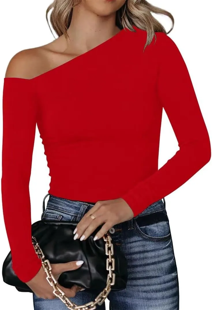 BONITEE Women's Sexy One Off The Shoulder Tops Asymmetrical Neck Clothes Long Sleeve Shirt Slim Going Out Top