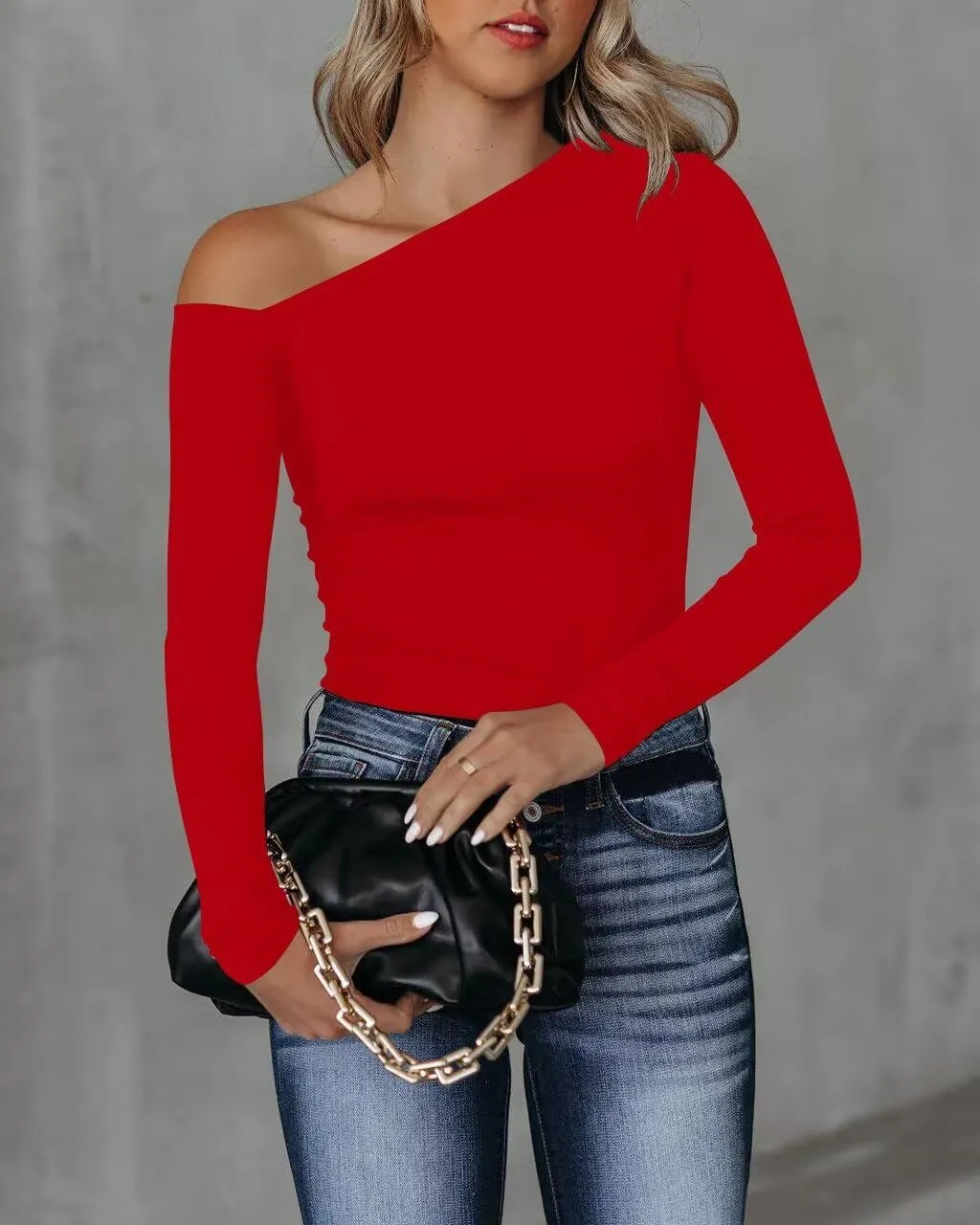 BONITEE Women's Sexy One Off The Shoulder Tops Asymmetrical Neck Clothes Long Sleeve Shirt Slim Going Out Top