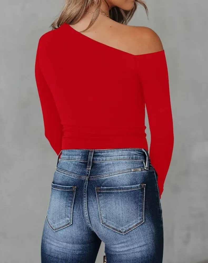 BONITEE Women's Sexy One Off The Shoulder Tops Asymmetrical Neck Clothes Long Sleeve Shirt Slim Going Out Top