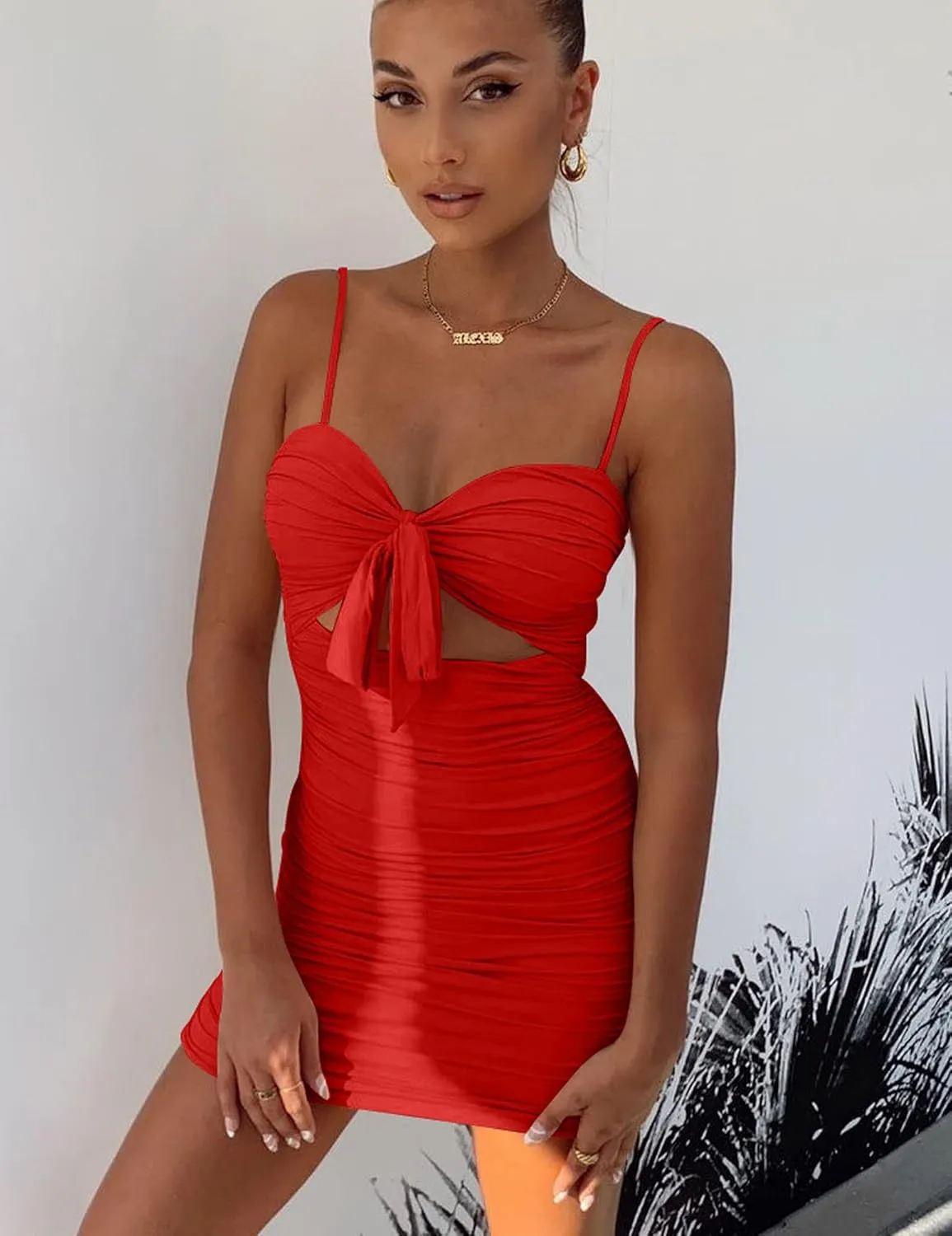 BORIFLORS Women's Sexy Bodycon Cut Out Ruched Backless Spaghetti Strap Mini Club Party Dresses