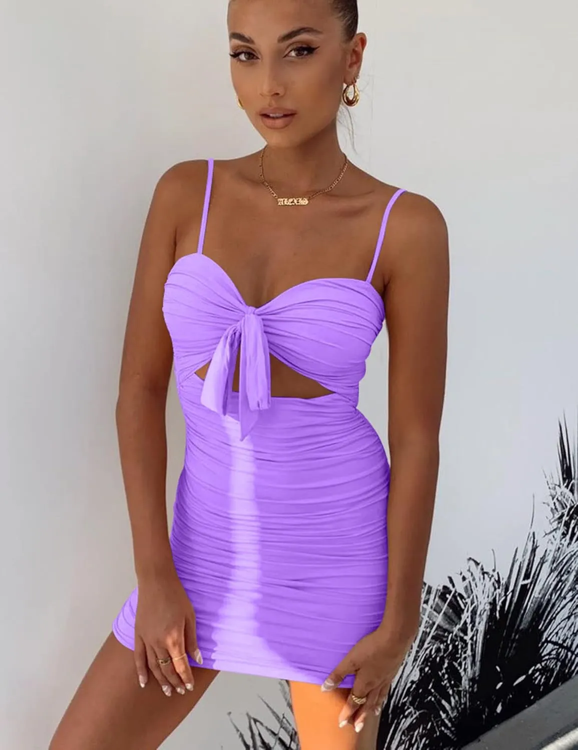 BORIFLORS Women's Sexy Bodycon Cut Out Ruched Backless Spaghetti Strap Mini Club Party Dresses