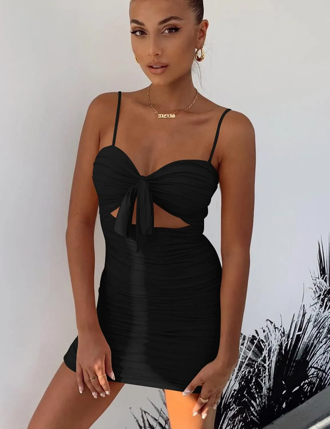 BORIFLORS Women's Sexy Bodycon Cut Out Ruched Backless Spaghetti Strap Mini Club Party Dresses