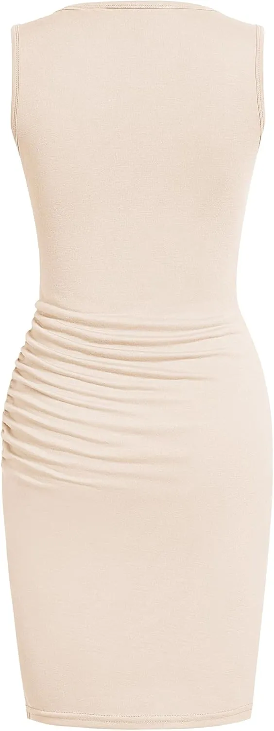 BTFBM Women 2025 Summer Sleeveless Tank Dresses Crew Neck Slim Fit Short Casual Ruched Bodycon Party Club Mini Dress