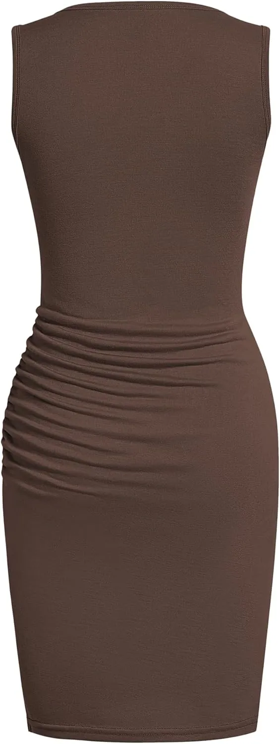BTFBM Women 2025 Summer Sleeveless Tank Dresses Crew Neck Slim Fit Short Casual Ruched Bodycon Party Club Mini Dress