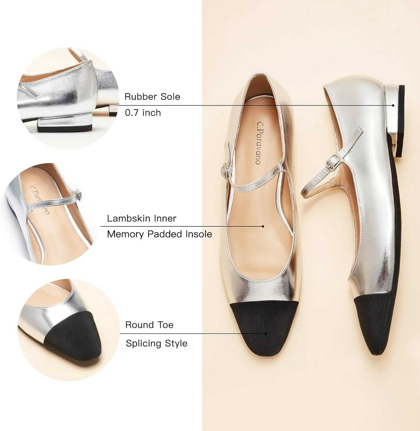 C. Paravano Women's Mary Jane Flats | Almond Toe Leather Ballet Flats with Adjustable Strap, Dressy and Casual Shoes for Office,Travel,Bridal, Church,Business Meetings & Daily Wear