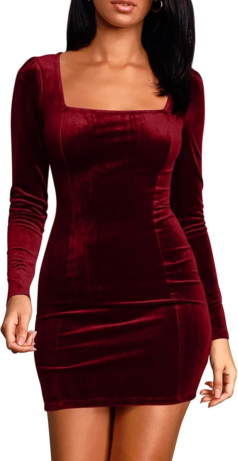 cailami Women's Sexy Bodycon Long Sleeve Velvet Elegant Mini Homecoming Party Dresses