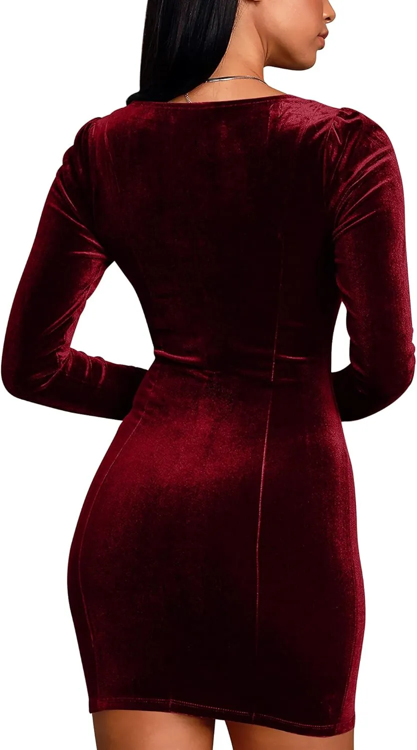 cailami Women's Sexy Bodycon Long Sleeve Velvet Elegant Mini Homecoming Party Dresses