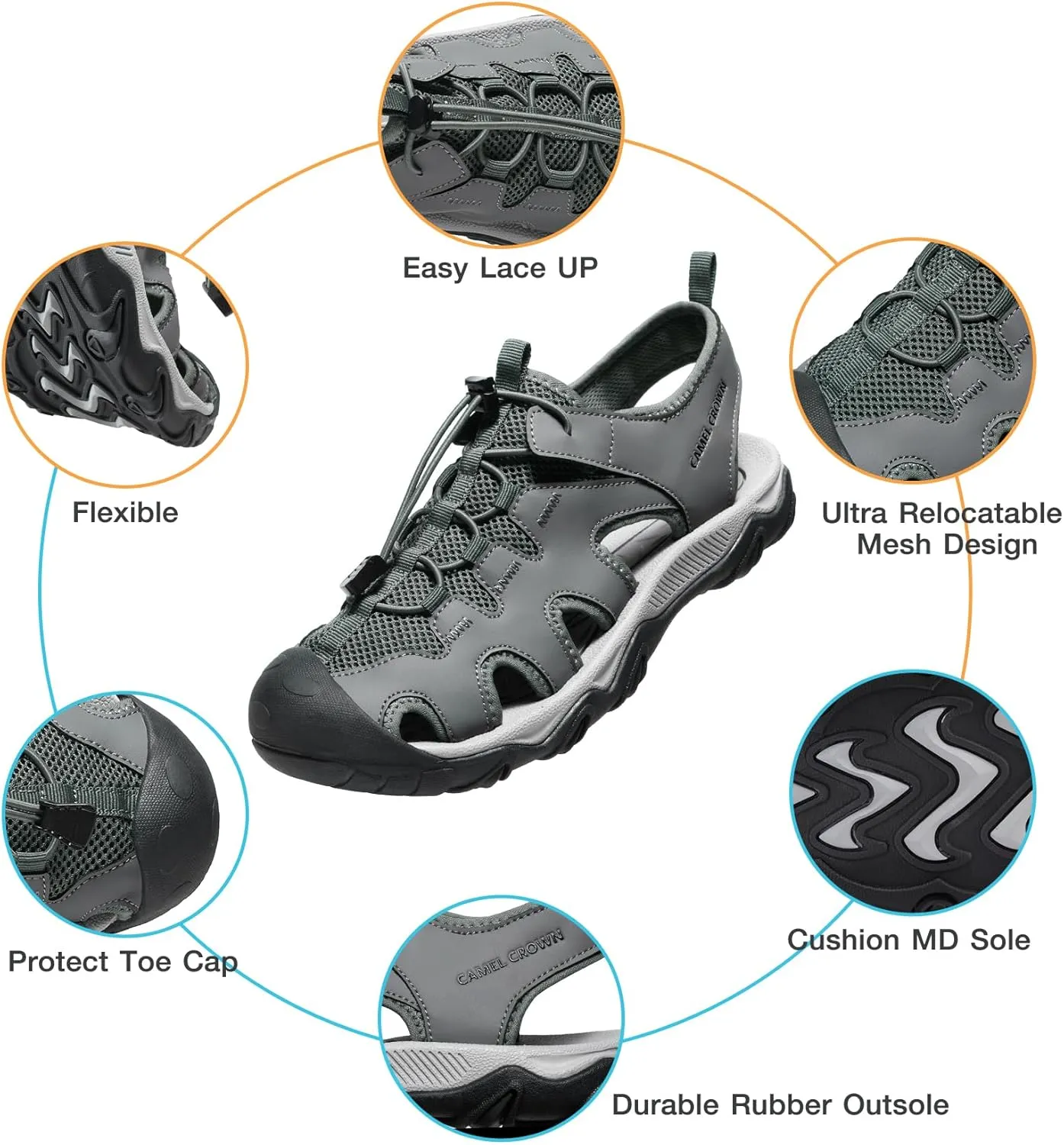 CAMEL CROWN Men's Hiking Sandals Anti-slipping Athletic Water Shoes with Arch Support Closed Toe Outdoor Summer Camping Sandal for Beach