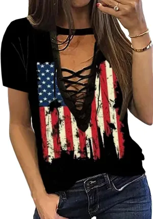 Camouflage American Flag Lace Up Blouse Women 4th of July Flag Short Sleeve USA Patriotic Printed Shirt Tops Casual Shirt
