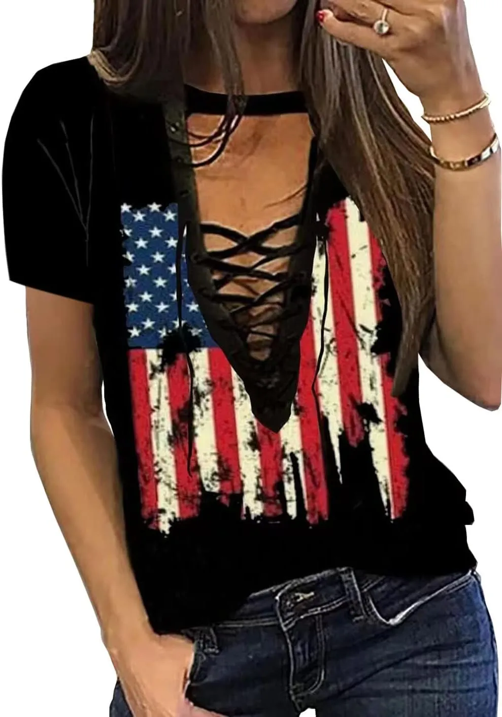 Camouflage American Flag Lace Up Blouse Women 4th of July Flag Short Sleeve USA Patriotic Printed Shirt Tops Casual Shirt