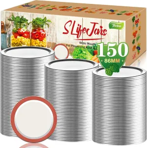 Canning Lids Wide Mouth 150Pcs Mason Jar Lids for Canning Split-Type Lid Leak Proof and Secure Canning Flats Lid with Silicone Seals Fit & Airtight for Wide Mouth Mason Jars (Silver/86MM)