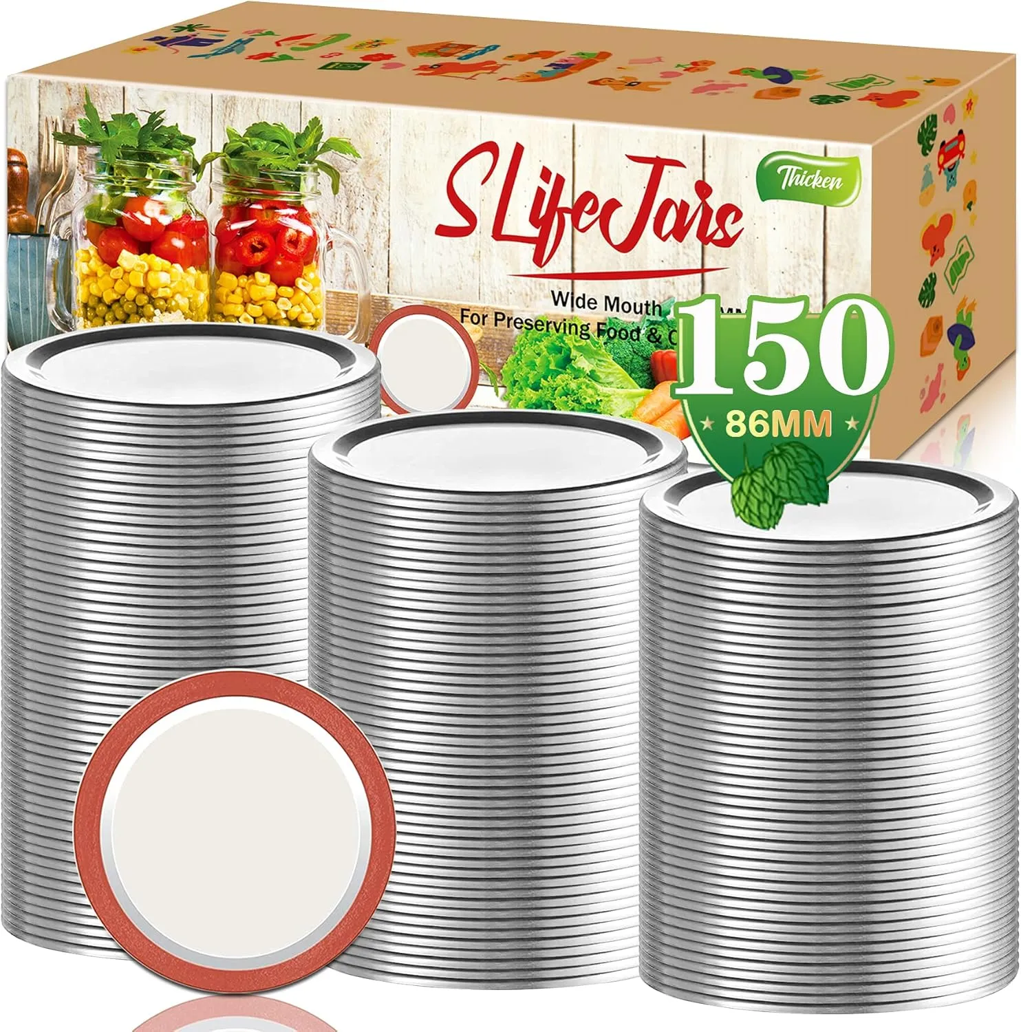 Canning Lids Wide Mouth 150Pcs Mason Jar Lids for Canning Split-Type Lid Leak Proof and Secure Canning Flats Lid with Silicone Seals Fit & Airtight for Wide Mouth Mason Jars (Silver/86MM)