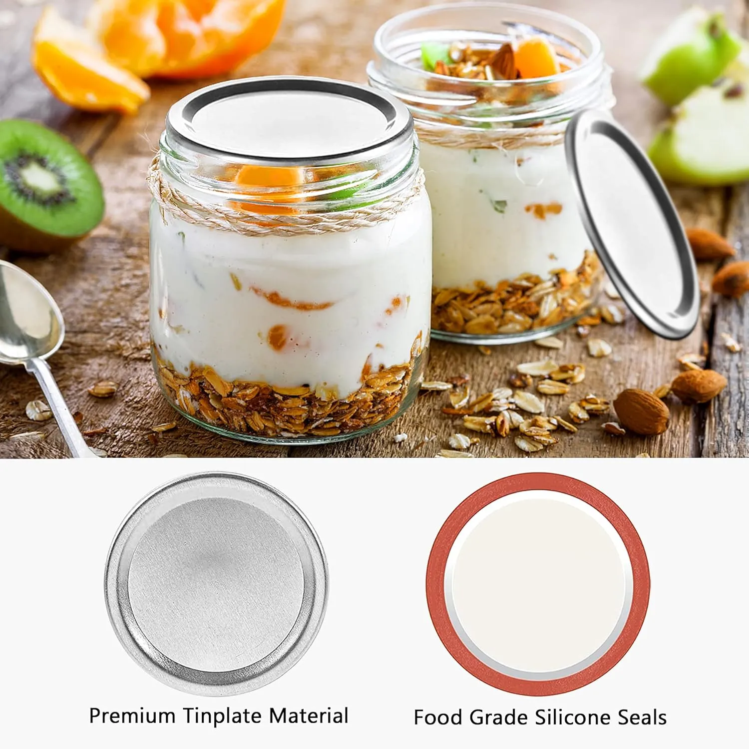 Canning Lids Wide Mouth 150Pcs Mason Jar Lids for Canning Split-Type Lid Leak Proof and Secure Canning Flats Lid with Silicone Seals Fit & Airtight for Wide Mouth Mason Jars (Silver/86MM)