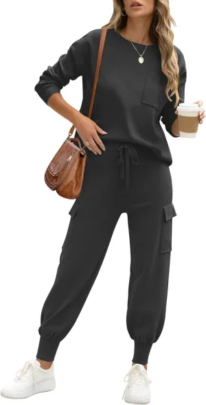 Caracilia Women's Two Piece Outfits Sweater Sets Long Sleeve Knit Tops Matching Cargo Jogger Pants 2024 Fall Lounge Sets